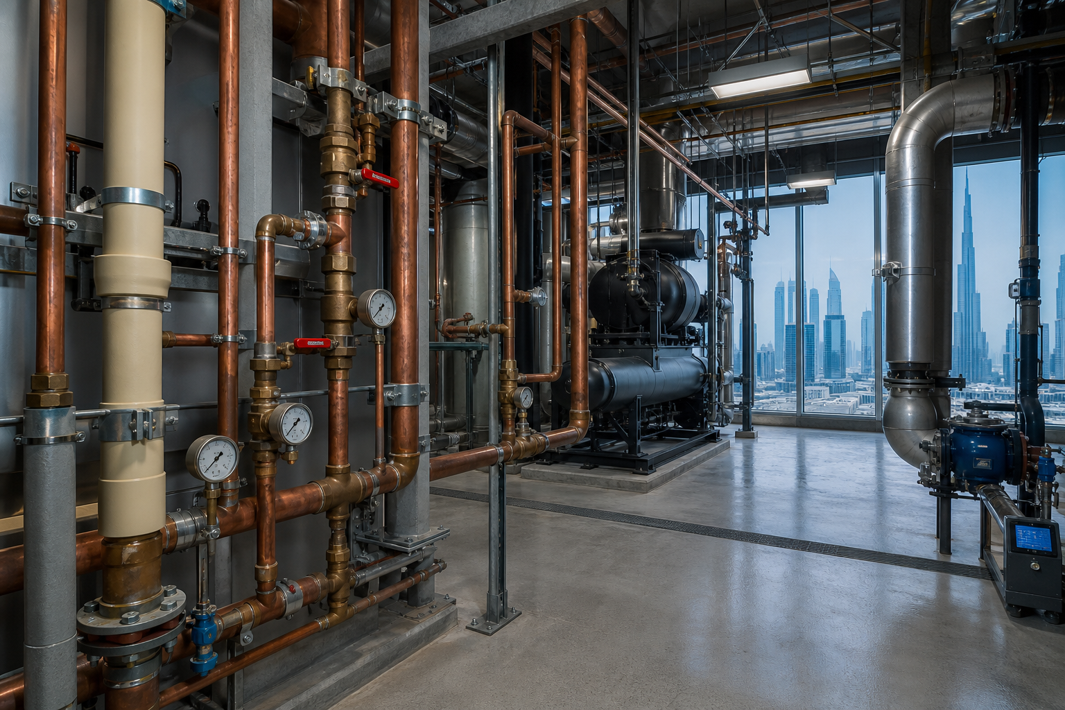 MEP plant room with certified hot and cold water piping in Dubai