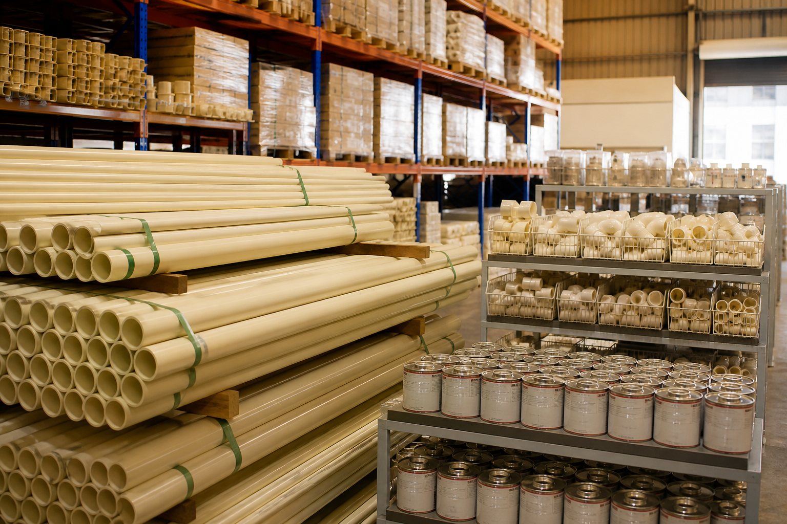 Plumbing supplies warehouse in Dubai with CPVC pipes and fittings